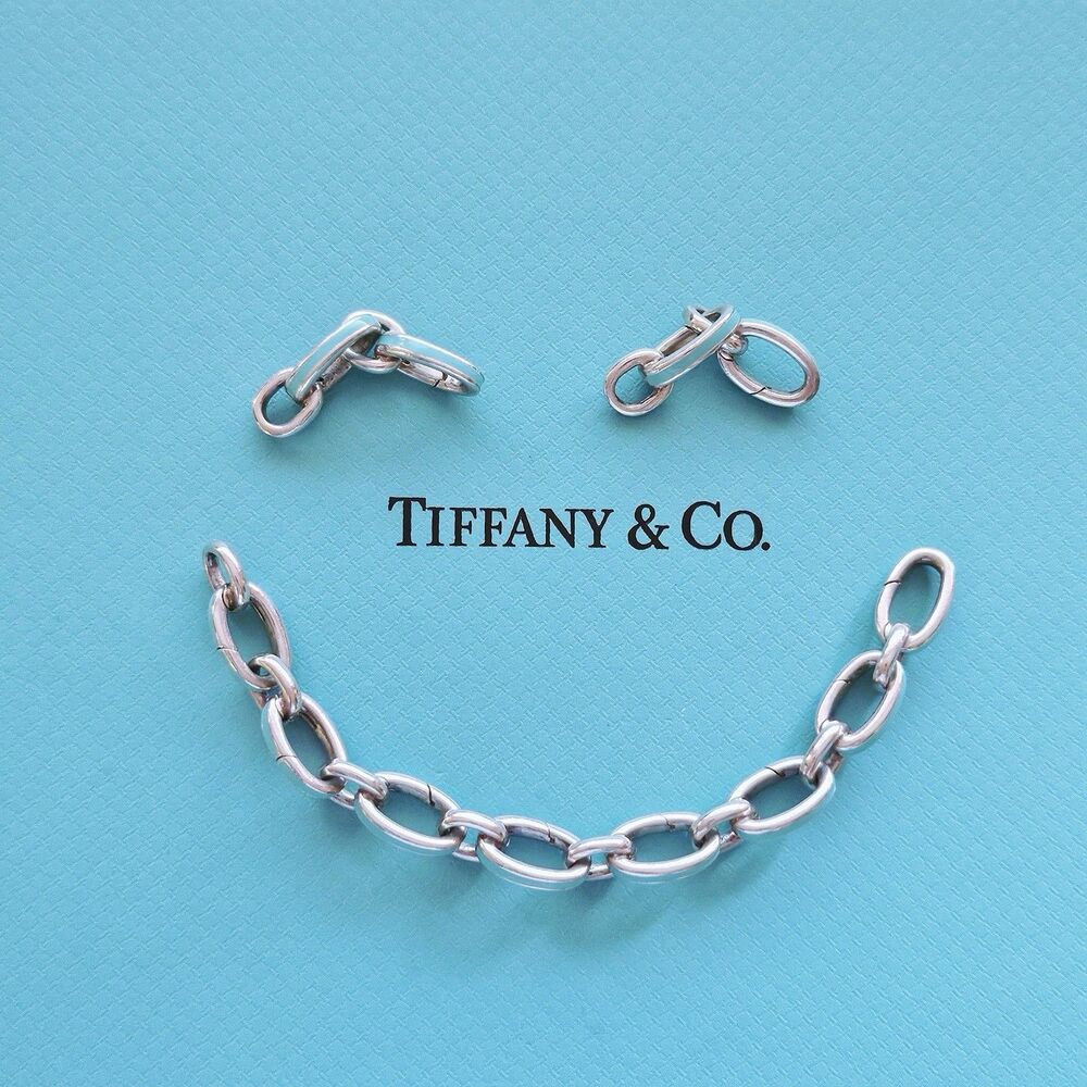 RARE Tiffany & Co Blue Enamel Clasping Oval Link Bracelet Sterling Silver 7.5"